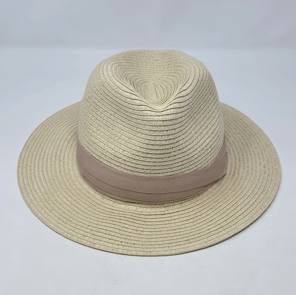 H&M NATURAL PAPER STRAW CREAM FEDORA DUSTY ROSE PINK RIBBON BAND WOMEN LARGE 58 - Picture 6 of 12